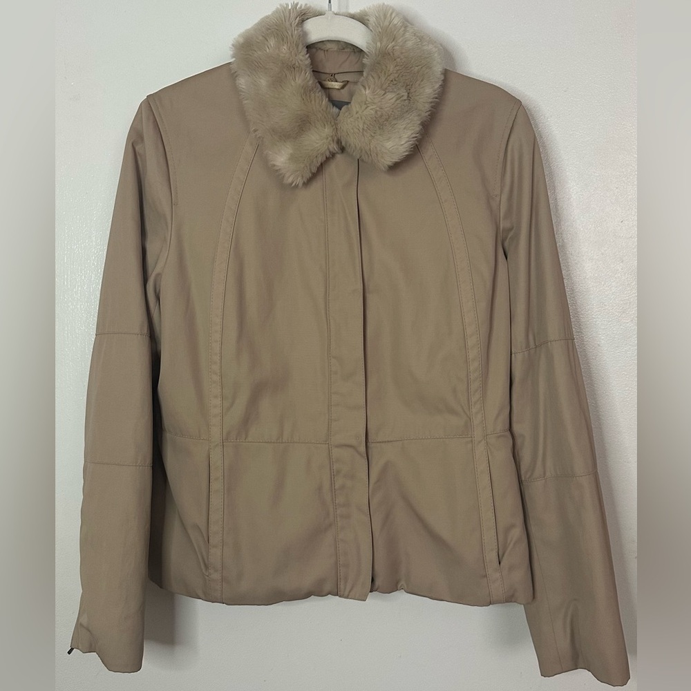 Ann Taylor Beige Utility Jacket with Faux Fur Collar Size M